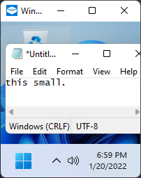 A Windows Sandbox window made very small. A Notepad file is open reading 'this small.'