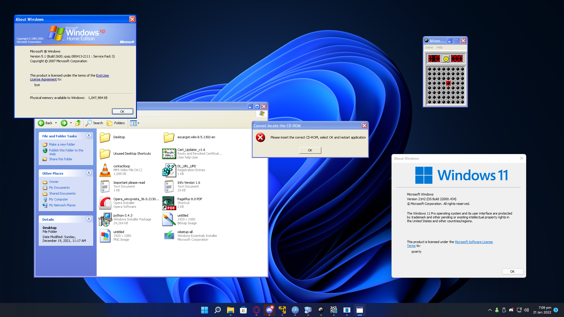 A Windows 11 desktop with Windows 11 and XP windows scattered across it as if it was a single OS.