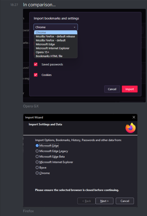 More Discord messages. 'In comparison...' Attached images show Opera GX's list (Chrome, Firefox, Microsoft Edge, Internet Explorer, Opera 15+) and Firefox's list (Microsoft Edge, Microsoft Edge, Edge Beta, Internet Explorer, Brave and Google Chrome)